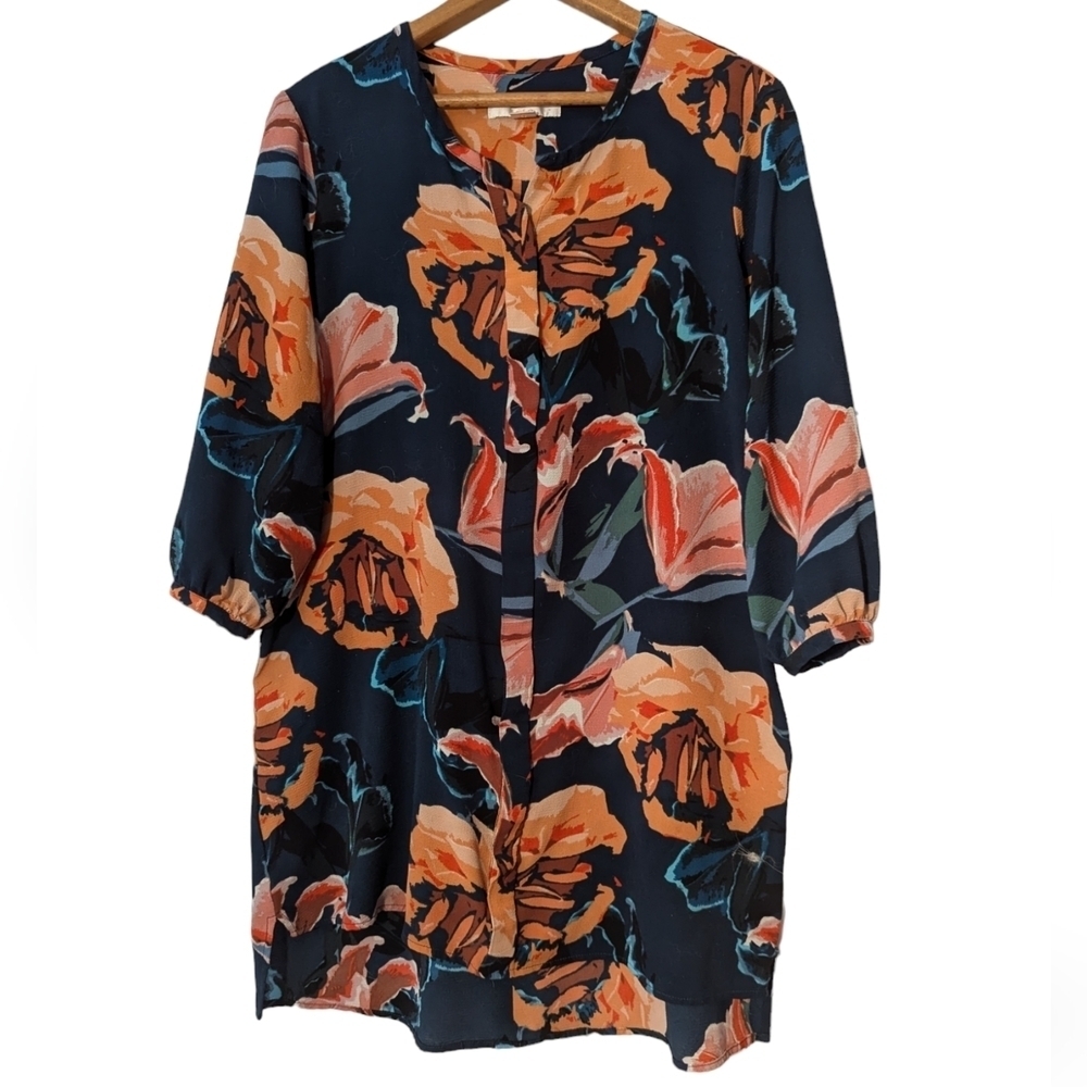 💙 🧡 C&E M Blouse long length bright flowers Dark Florals